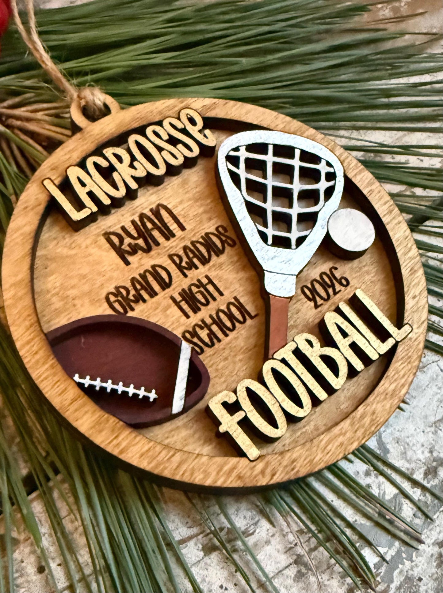 Personalized Lacrosse Football Player Christmas Tree Ornament | Gift for Multi Sport High School Athlete| Senior 2 Sport
