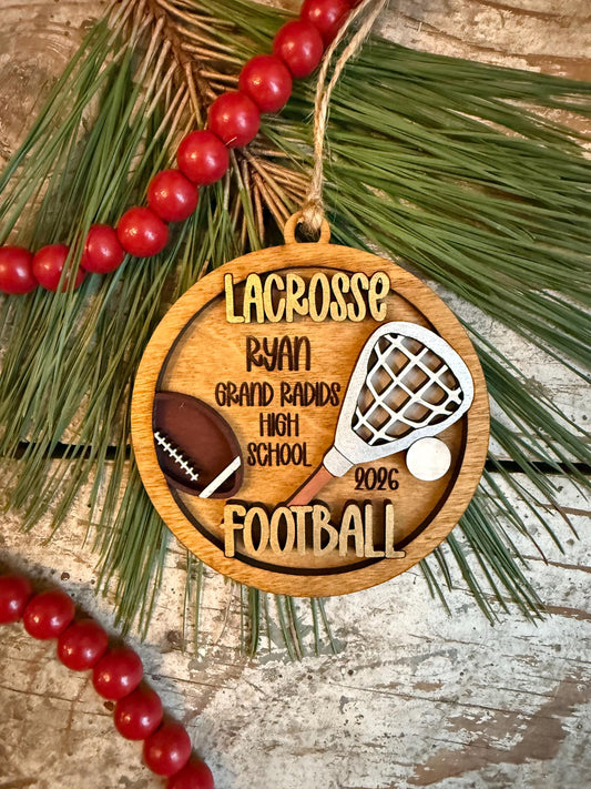 Personalized Lacrosse Football Player Christmas Tree Ornament | Gift for Multi Sport High School Athlete| Senior 2 Sport