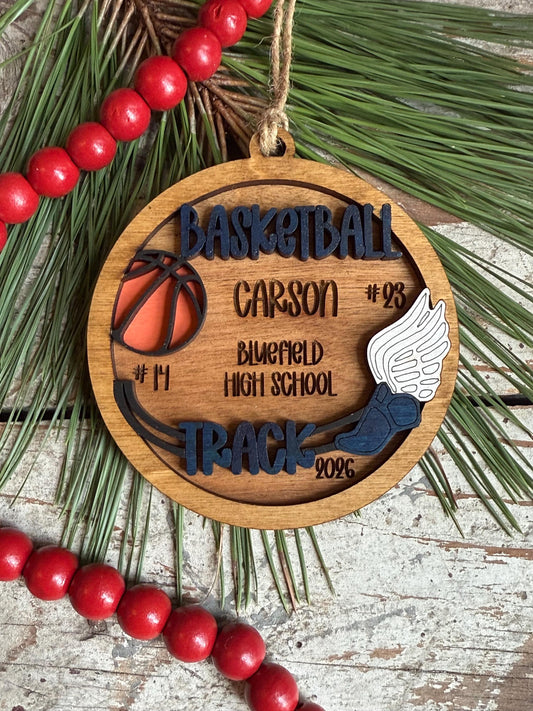 Personalized Basketball Track Multi Sport Christmas Tree Ornament | Gift for High School Team | Custom Coach | Senior 2 Sports Player