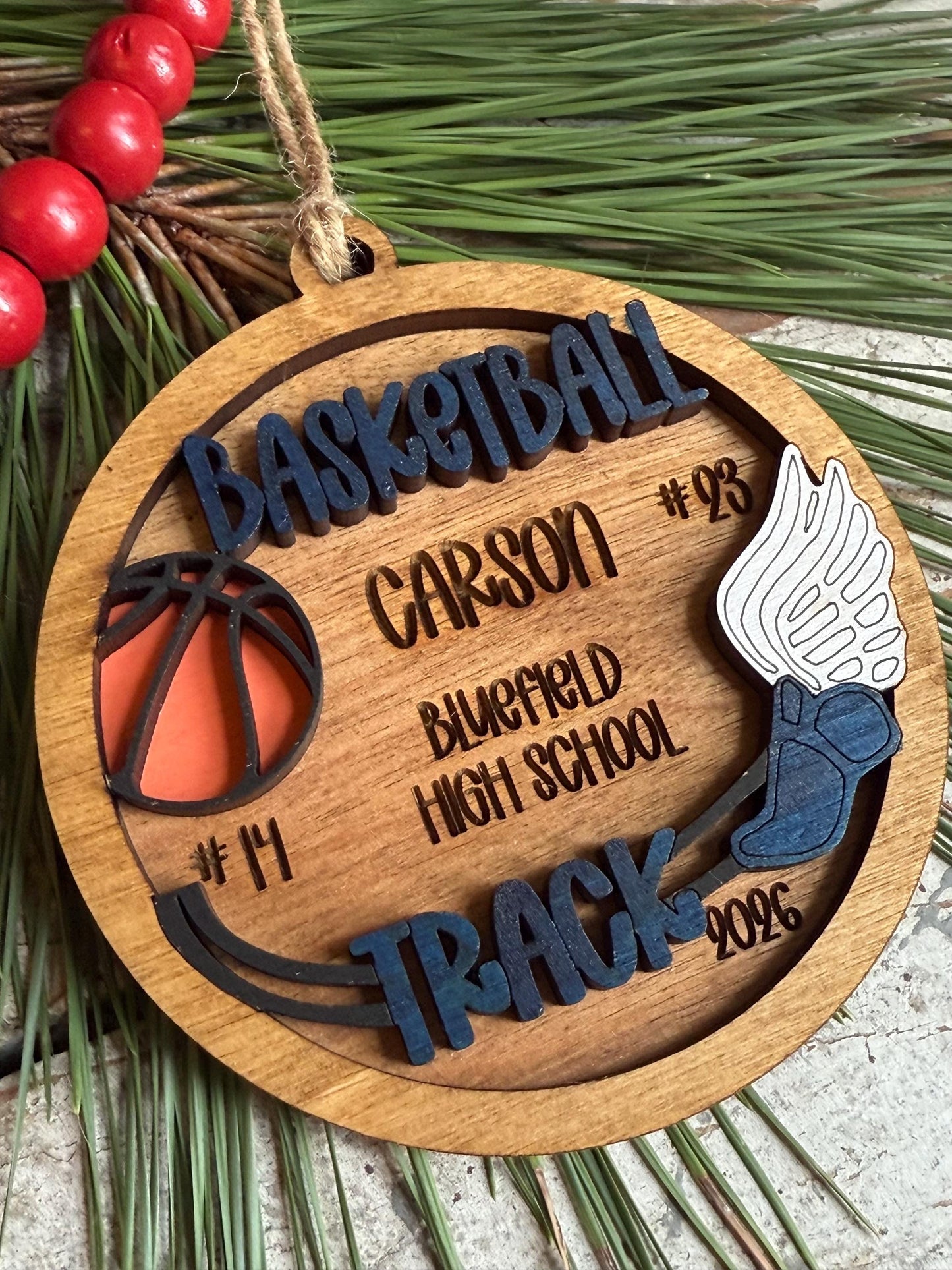 Personalized Basketball Track Multi Sport Christmas Tree Ornament | Gift for High School Team | Custom Coach | Senior 2 Sports Player