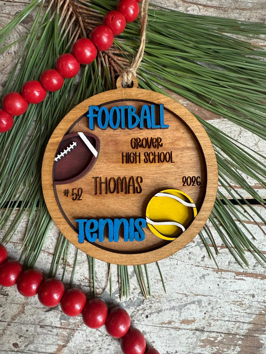 Personalized Football Tennis Player Christmas Tree Ornament | Gift for Multi Sport High School Athlete| Present for Senior in 2 Sports