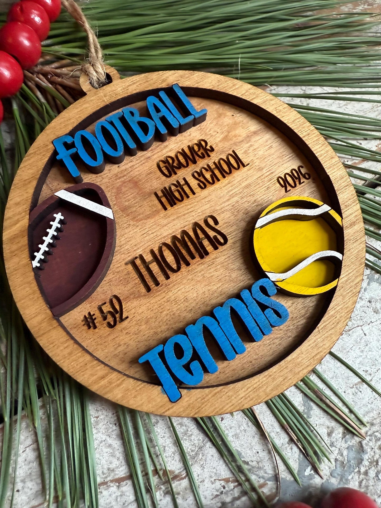 Personalized Football Tennis Player Christmas Tree Ornament | Gift for Multi Sport High School Athlete| Present for Senior in 2 Sports