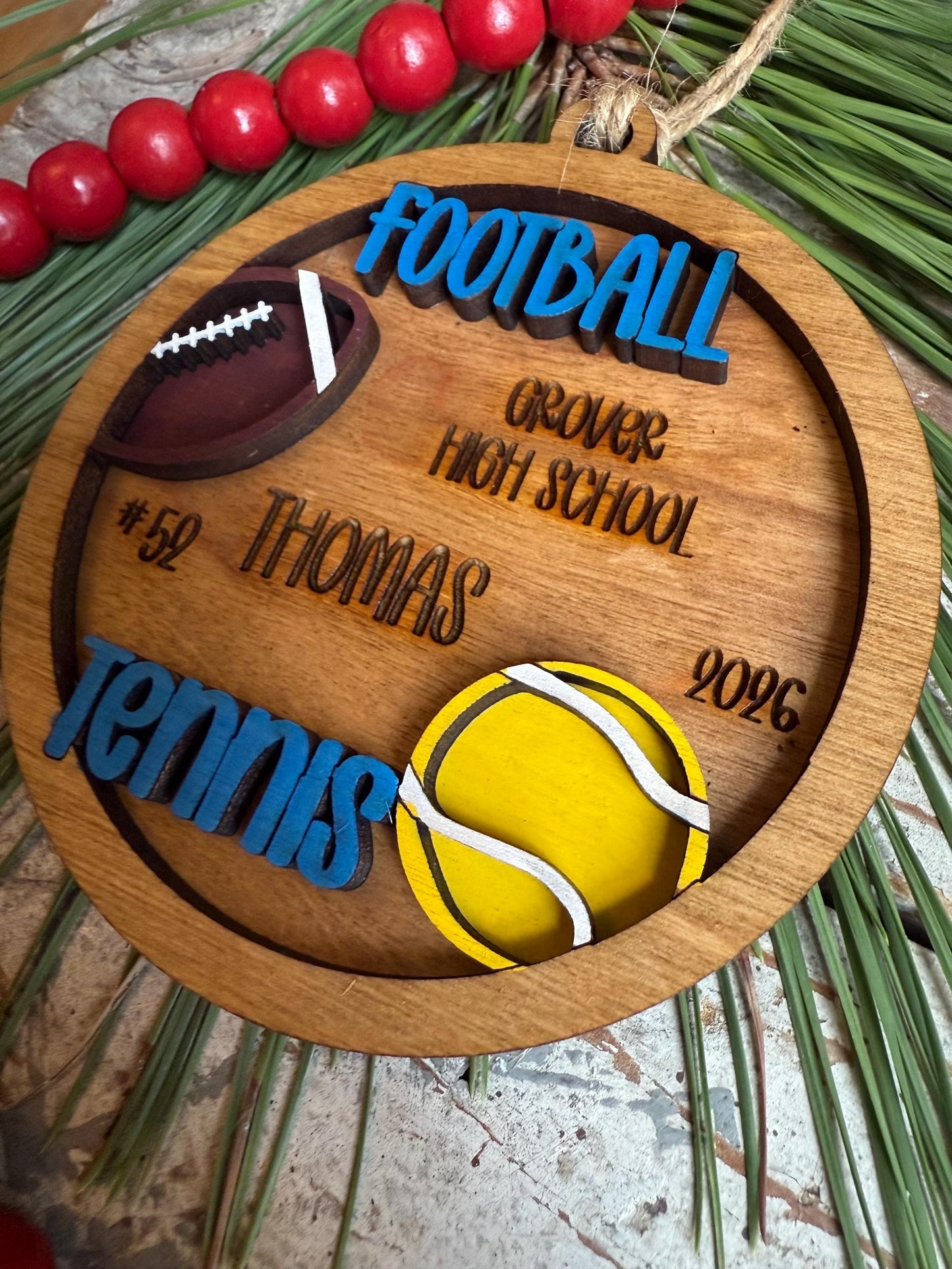 Personalized Football Tennis Player Christmas Tree Ornament | Gift for Multi Sport High School Athlete| Present for Senior in 2 Sports