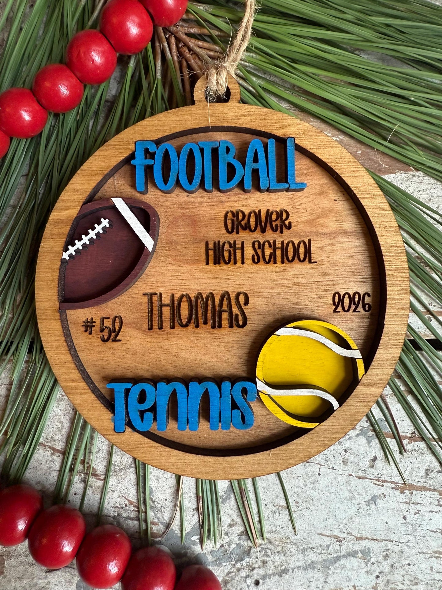 Personalized Football Tennis Player Christmas Tree Ornament | Gift for Multi Sport High School Athlete| Present for Senior in 2 Sports