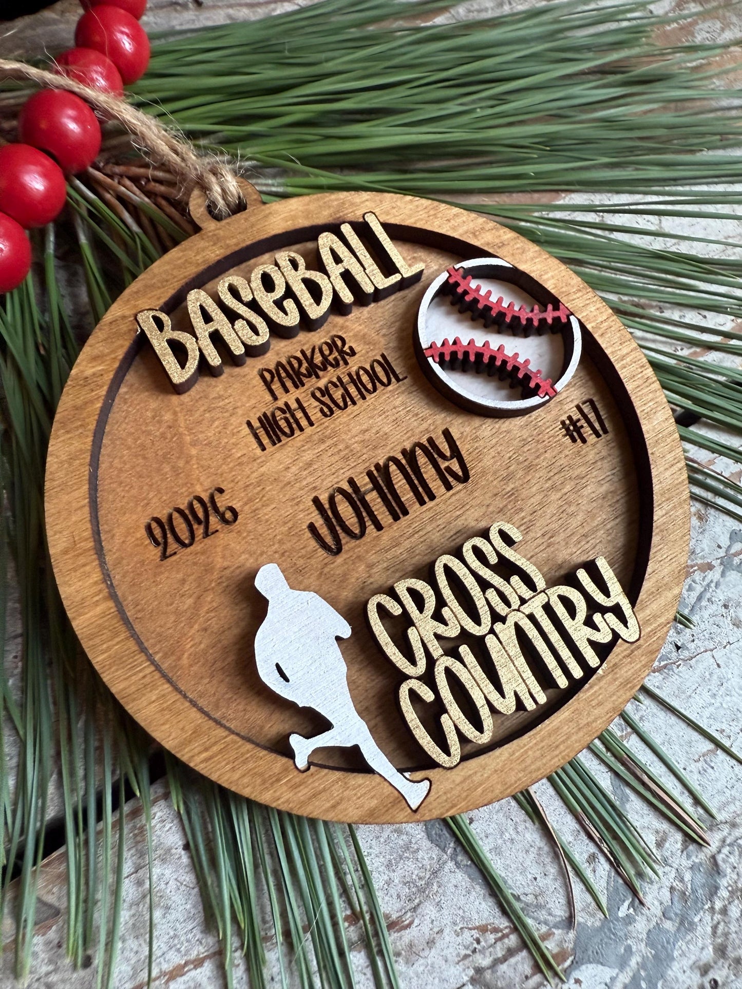 Personalized Multi Sport Baseball and Cross-Country Christmas Tree Ornament | Gift for High School Team | Senior