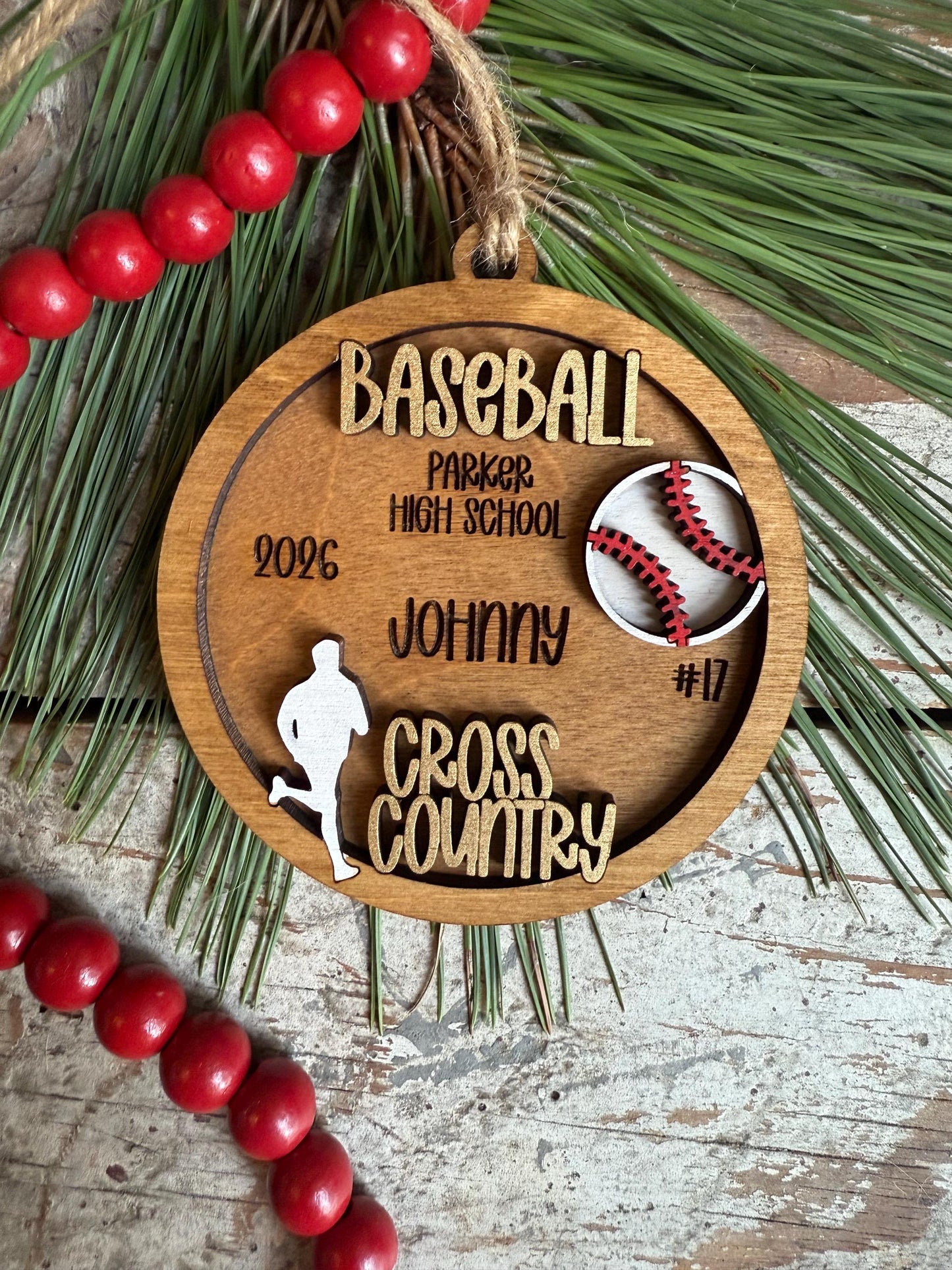 Personalized Multi Sport Baseball and Cross-Country Christmas Tree Ornament | Gift for High School Team | Senior