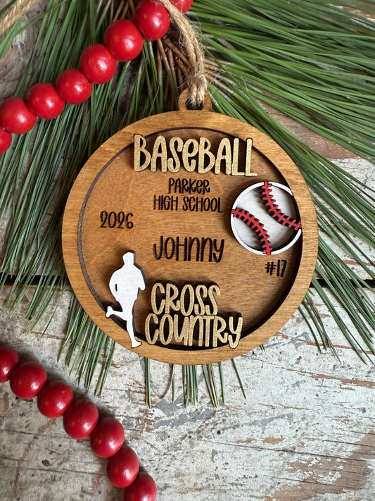 Personalized Multi Sport Baseball and Cross-Country Christmas Tree Ornament | Gift for High School Team | Senior