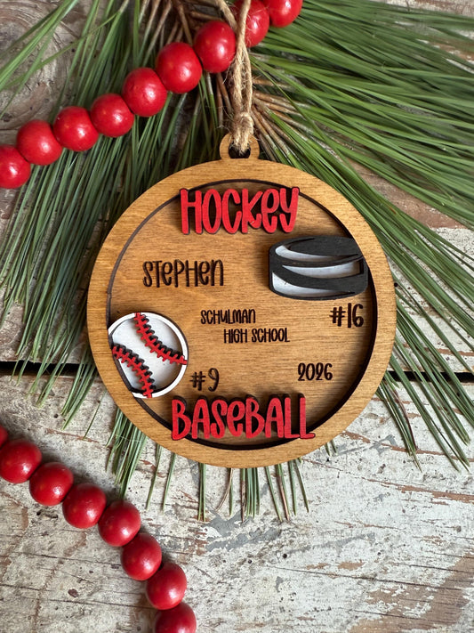 Personalized Baseball Hockey Player Christmas Tree Ornament | Gift for Multi Sport High School Athlete| Senior Baseball Hockey 2 Sport