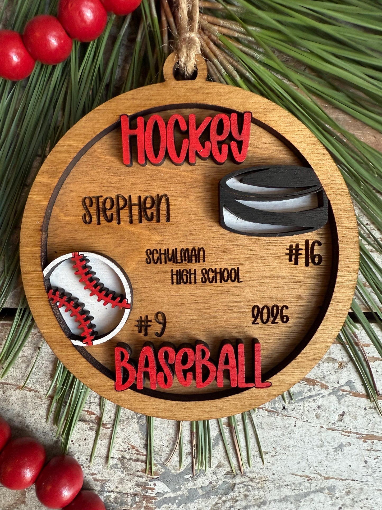 Personalized Baseball Hockey Player Christmas Tree Ornament | Gift for Multi Sport High School Athlete| Senior Baseball Hockey 2 Sport
