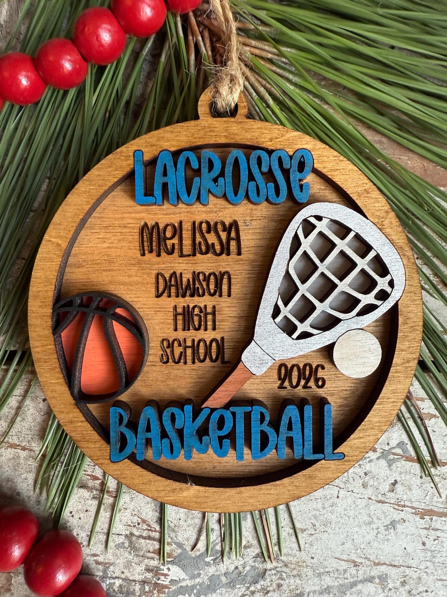 Personalized Lacrosse Basketball Player Multi Sport Christmas Tree Ornament | Gift for High School Team | Custom Coach | Senior 2 Sports