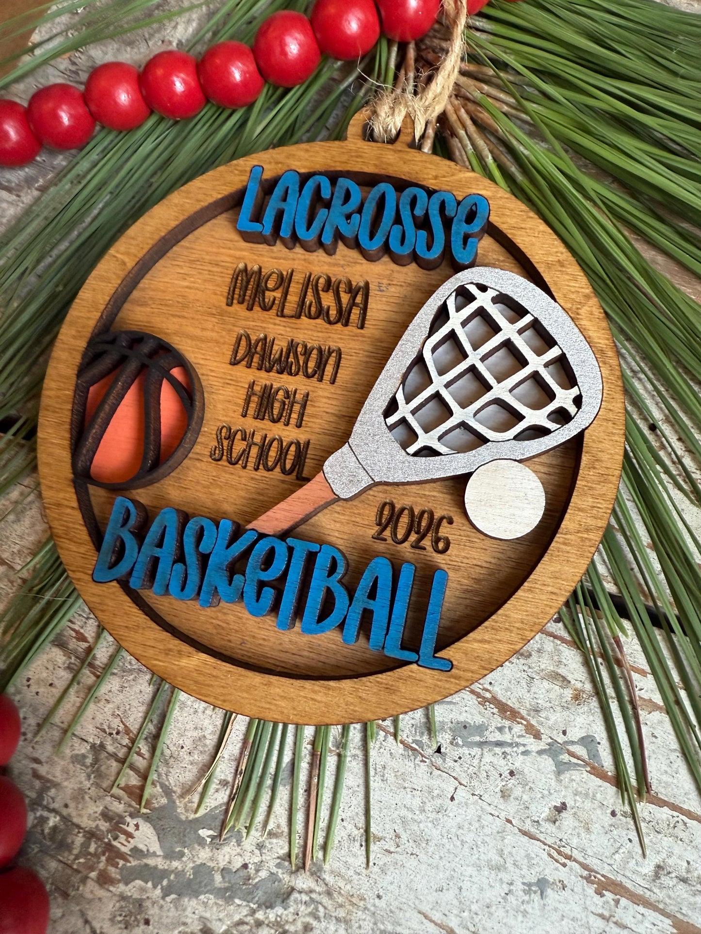 Personalized Lacrosse Basketball Player Multi Sport Christmas Tree Ornament | Gift for High School Team | Custom Coach | Senior 2 Sports