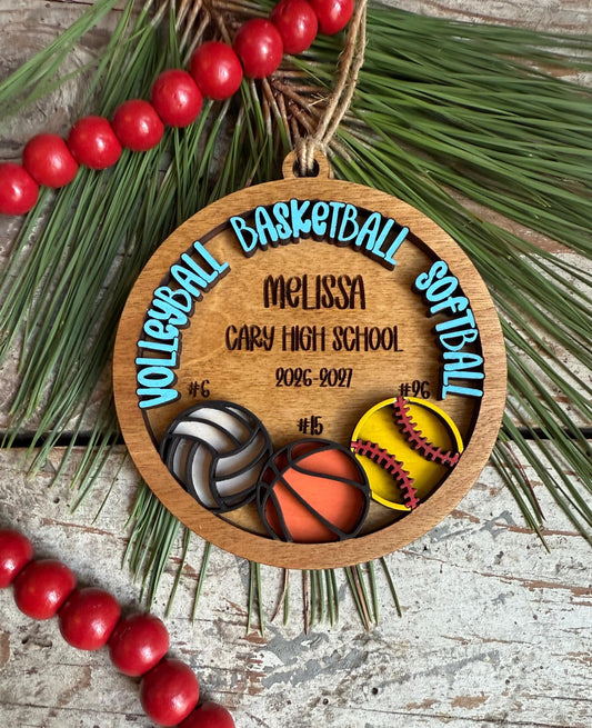 Personalized Multi Sport Volleyball Basketball Softball Player Christmas Tree Ornament | Gift for Senior 3 Sports