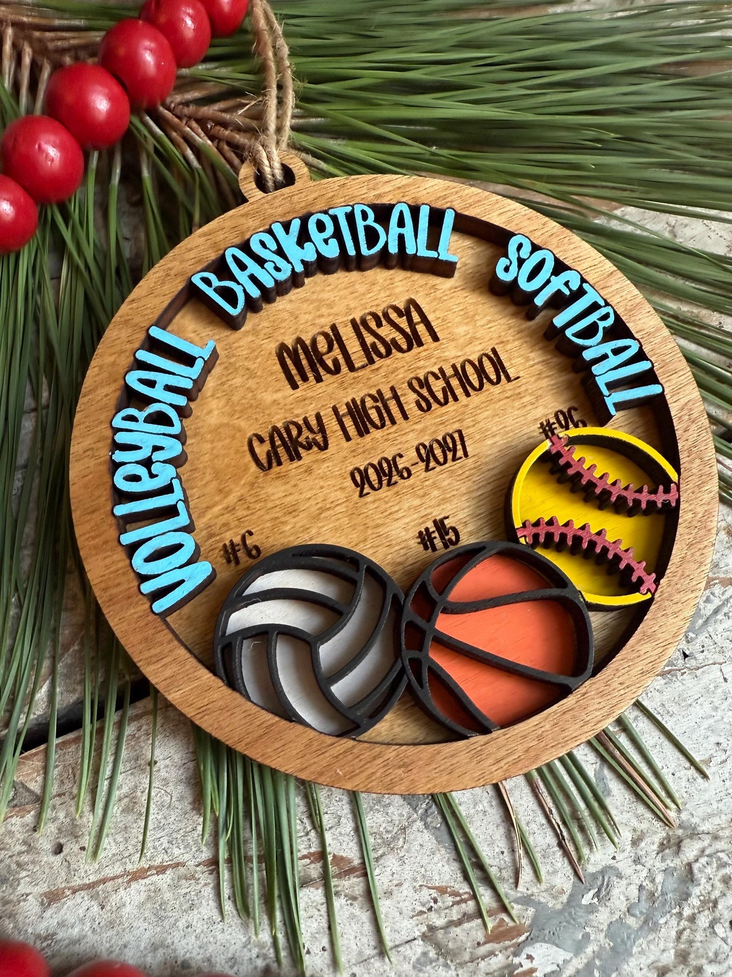 Personalized Multi Sport Volleyball Basketball Softball Player Christmas Tree Ornament | Gift for Senior 3 Sports
