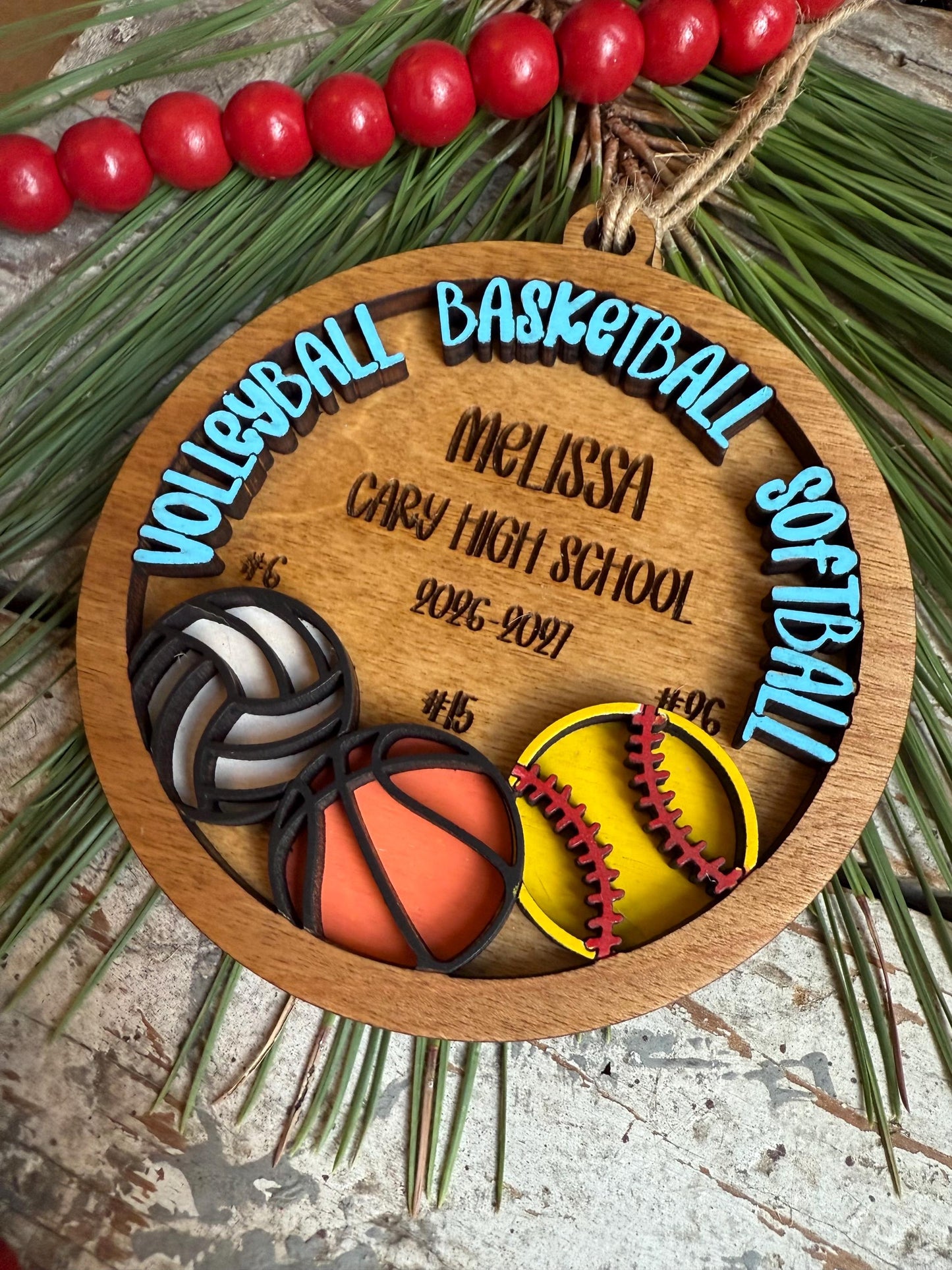 Personalized Multi Sport Volleyball Basketball Softball Player Christmas Tree Ornament | Gift for Senior 3 Sports