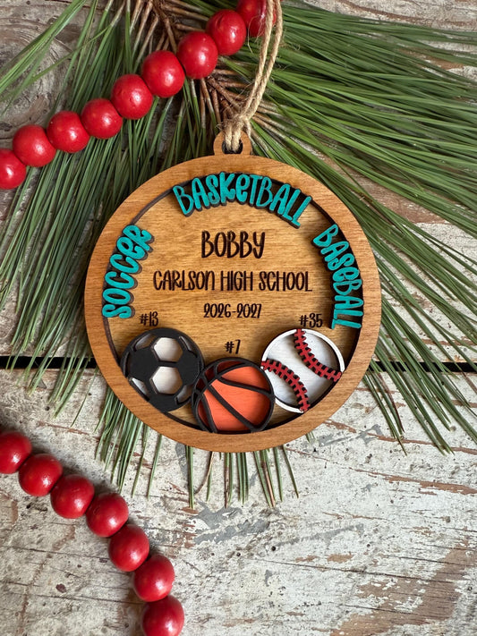 Personalized Multi Sport Soccer Basketball Baseball Player Christmas Tree Ornament | Gift for Senior 3 Sports