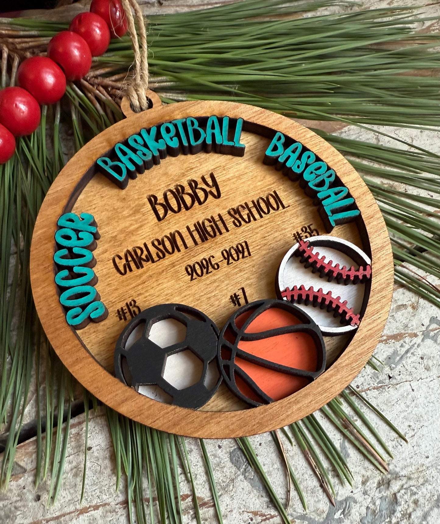 Personalized Multi Sport Soccer Basketball Baseball Player Christmas Tree Ornament | Gift for Senior 3 Sports
