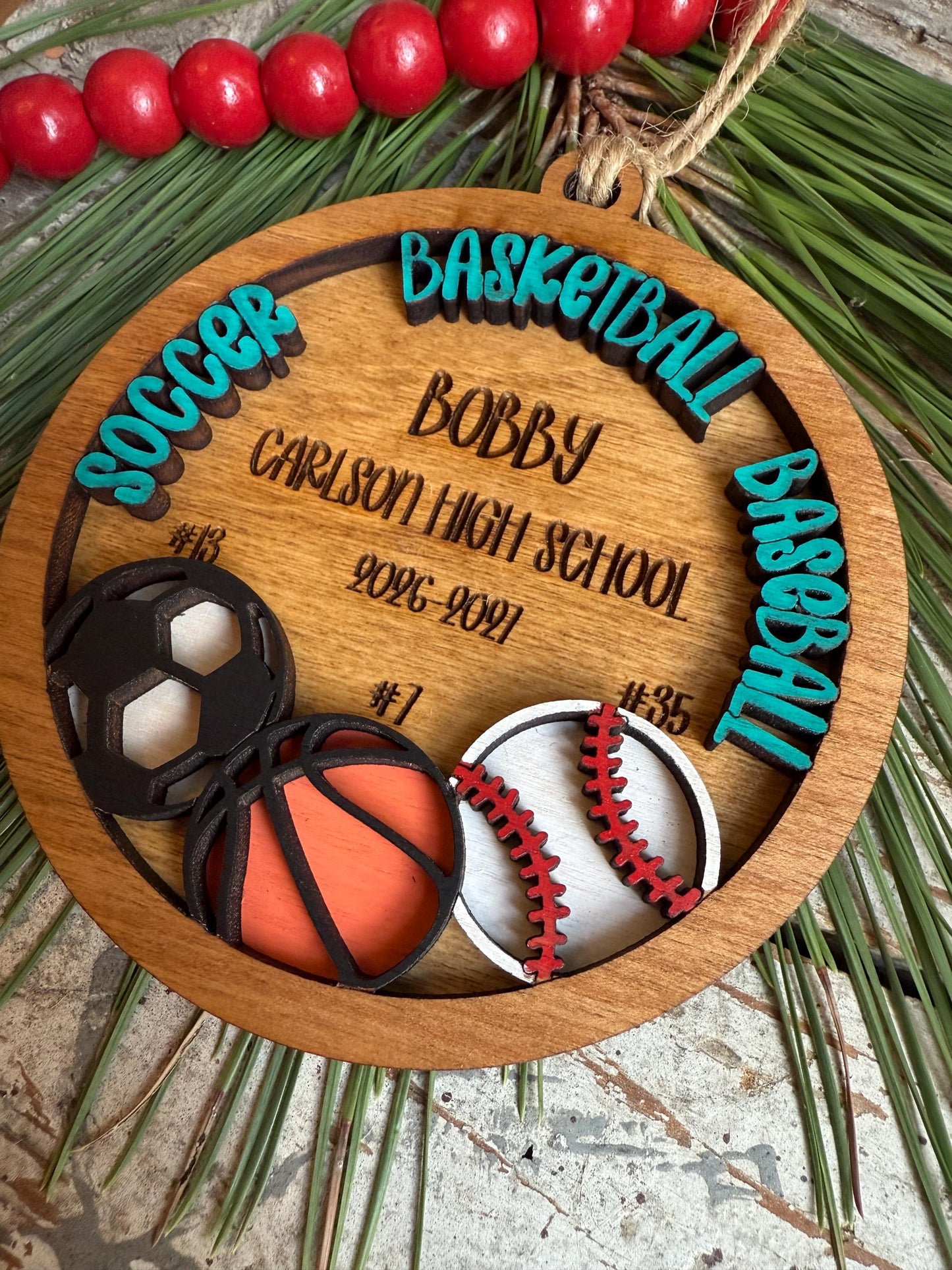 Personalized Multi Sport Soccer Basketball Baseball Player Christmas Tree Ornament | Gift for Senior 3 Sports