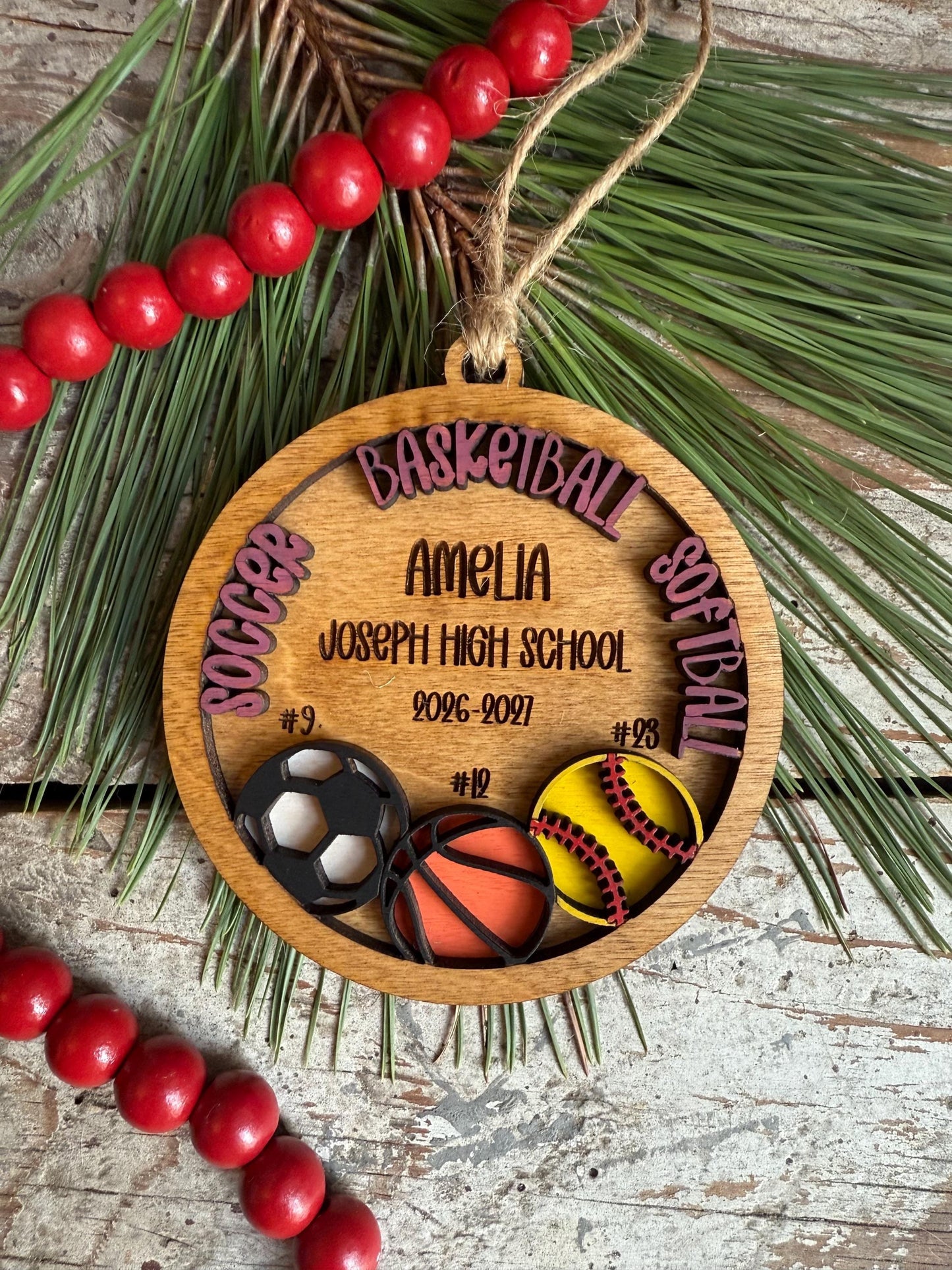 Personalized Multi Sport Soccer Basketball Softball Player Christmas Tree Ornament | Gift for Senior 3 Sports