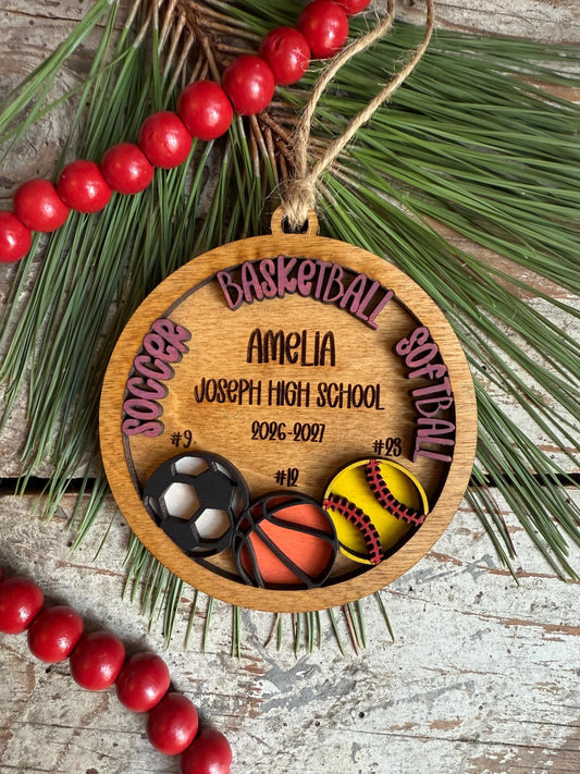 Personalized Multi Sport Soccer Basketball Softball Player Christmas Tree Ornament | Gift for Senior 3 Sports
