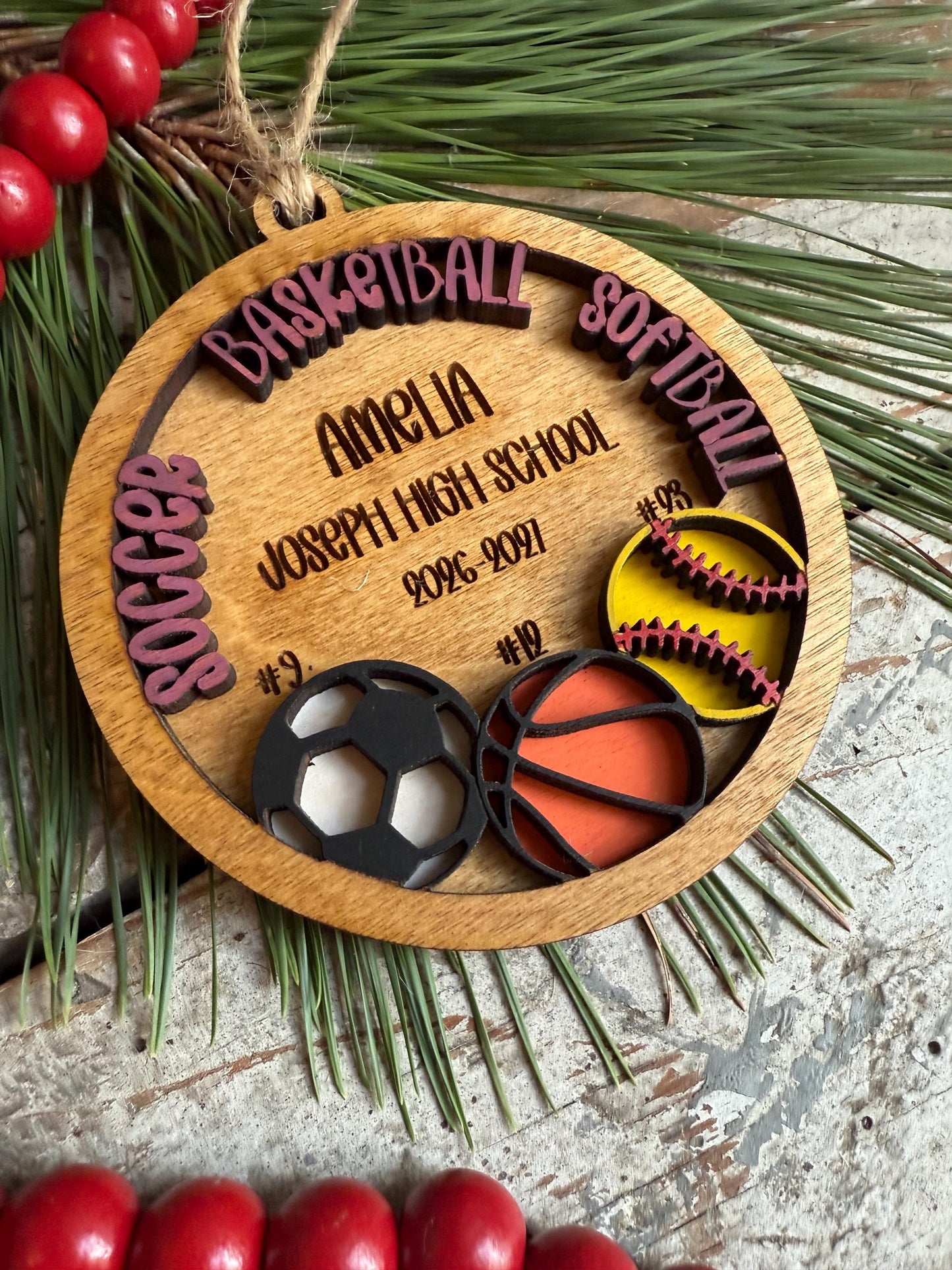 Personalized Multi Sport Soccer Basketball Softball Player Christmas Tree Ornament | Gift for Senior 3 Sports