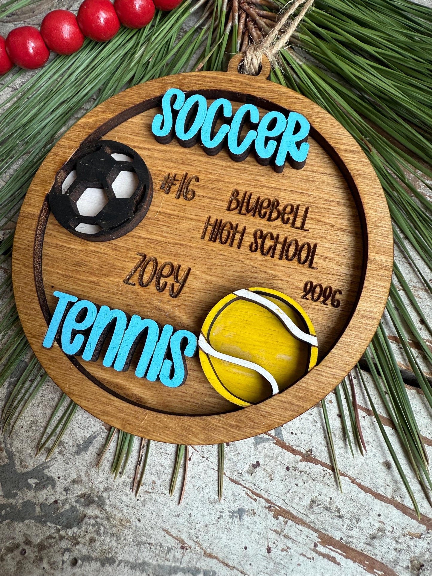 Personalized Soccer Tennis Player Christmas Tree Ornament | Gift for Multi Sport High School Athlete| Present for Senior in 2 Sports