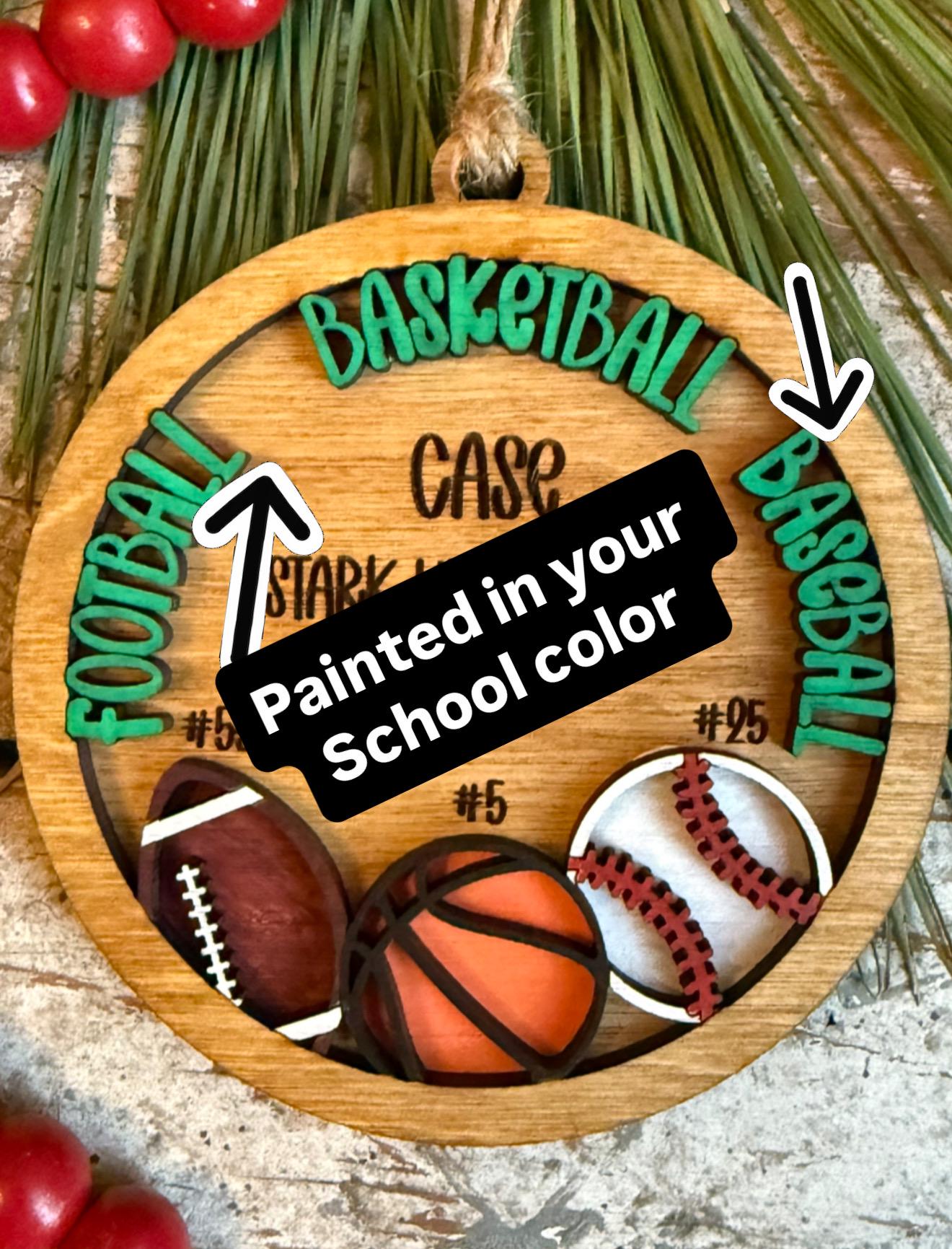 Personalized Multi Sport Football Basketball Baseball Player Christmas Tree Ornament | Gift for Senior 3 Sports