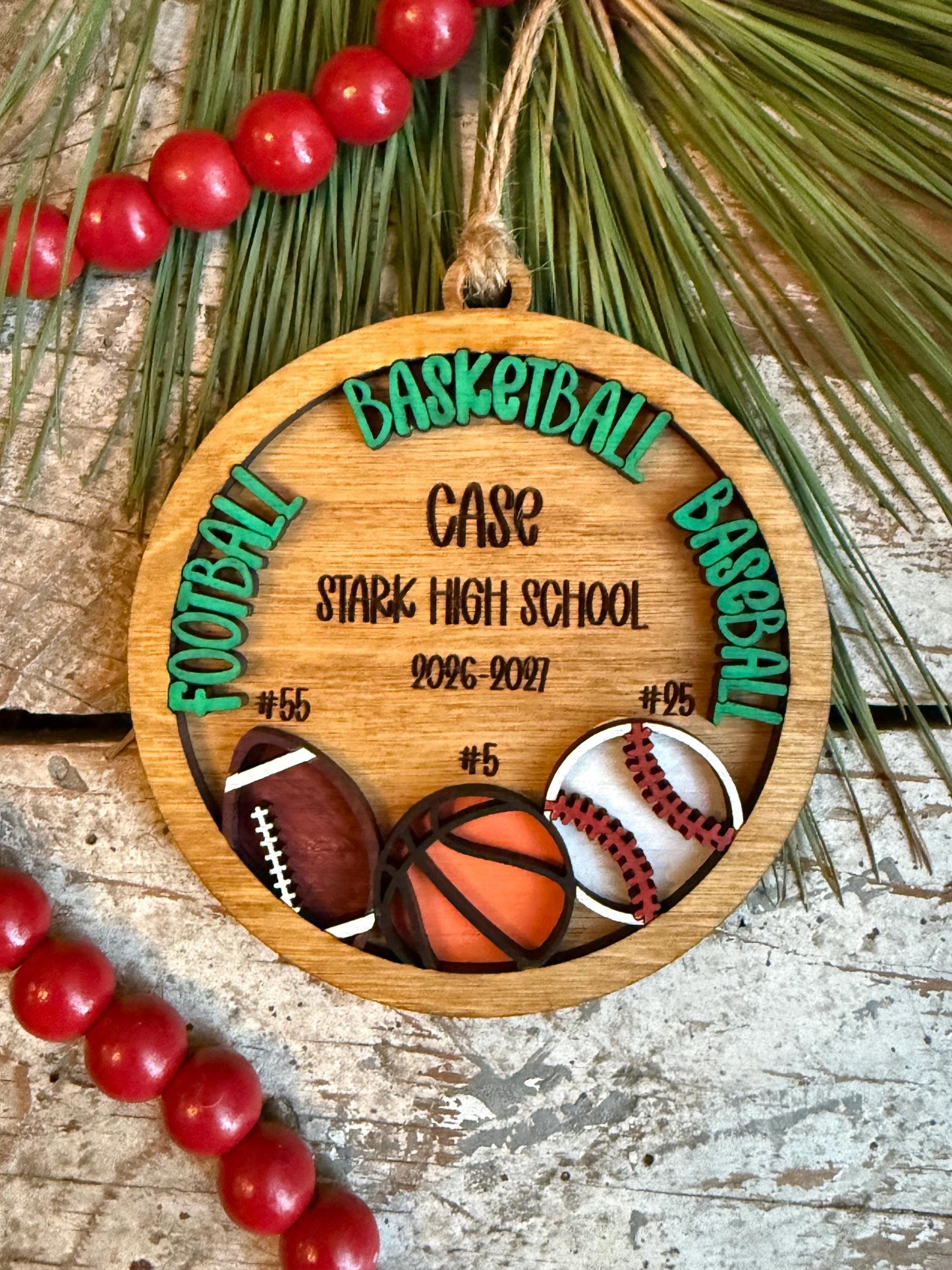 Personalized Multi Sport Football Basketball Baseball Player Christmas Tree Ornament | Gift for Senior 3 Sports