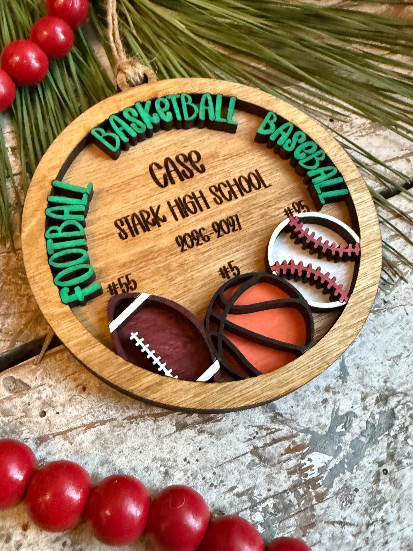 Personalized Multi Sport Football Basketball Baseball Player Christmas Tree Ornament | Gift for Senior 3 Sports