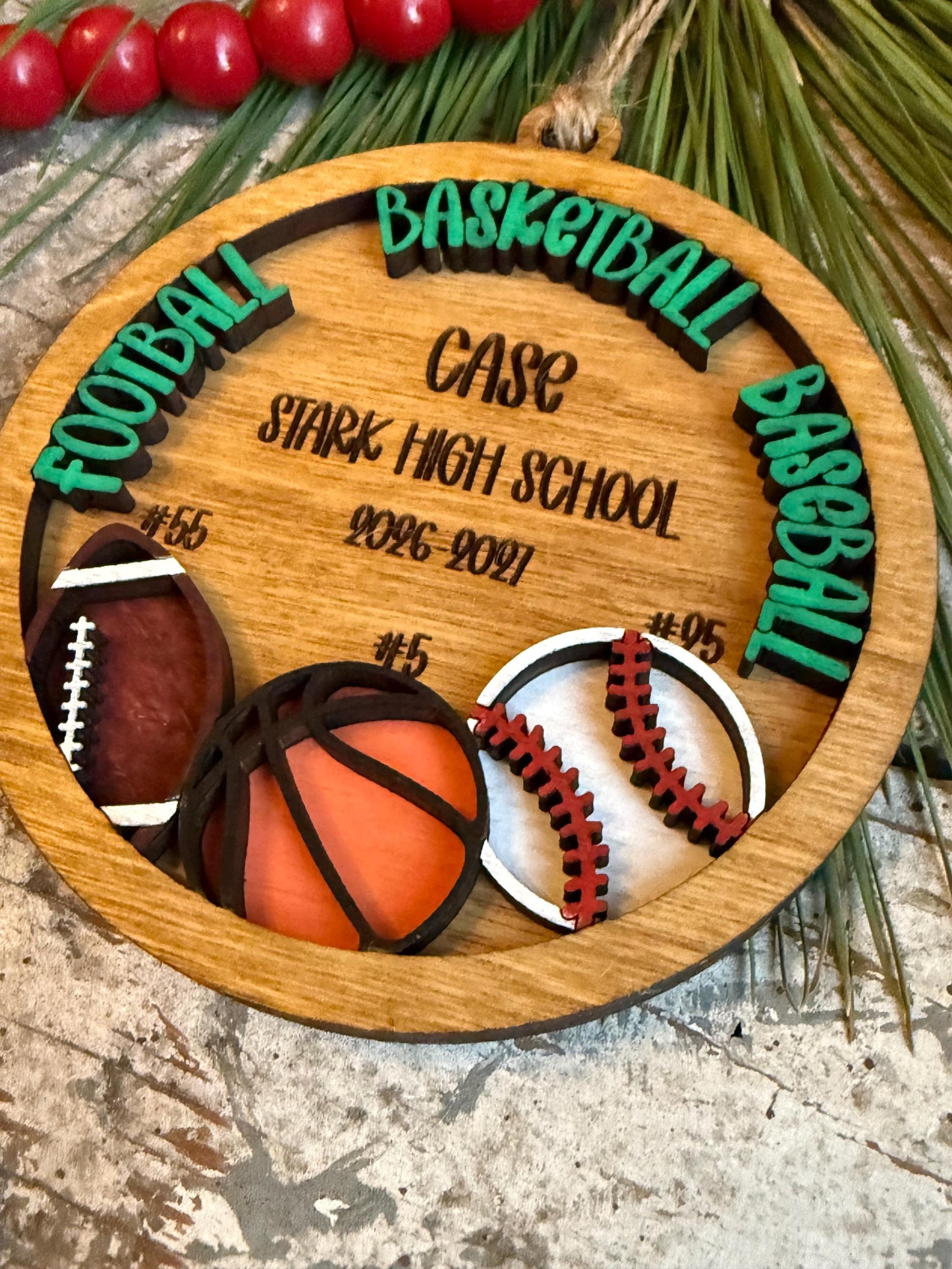 Personalized Multi Sport Football Basketball Baseball Player Christmas Tree Ornament | Gift for Senior 3 Sports