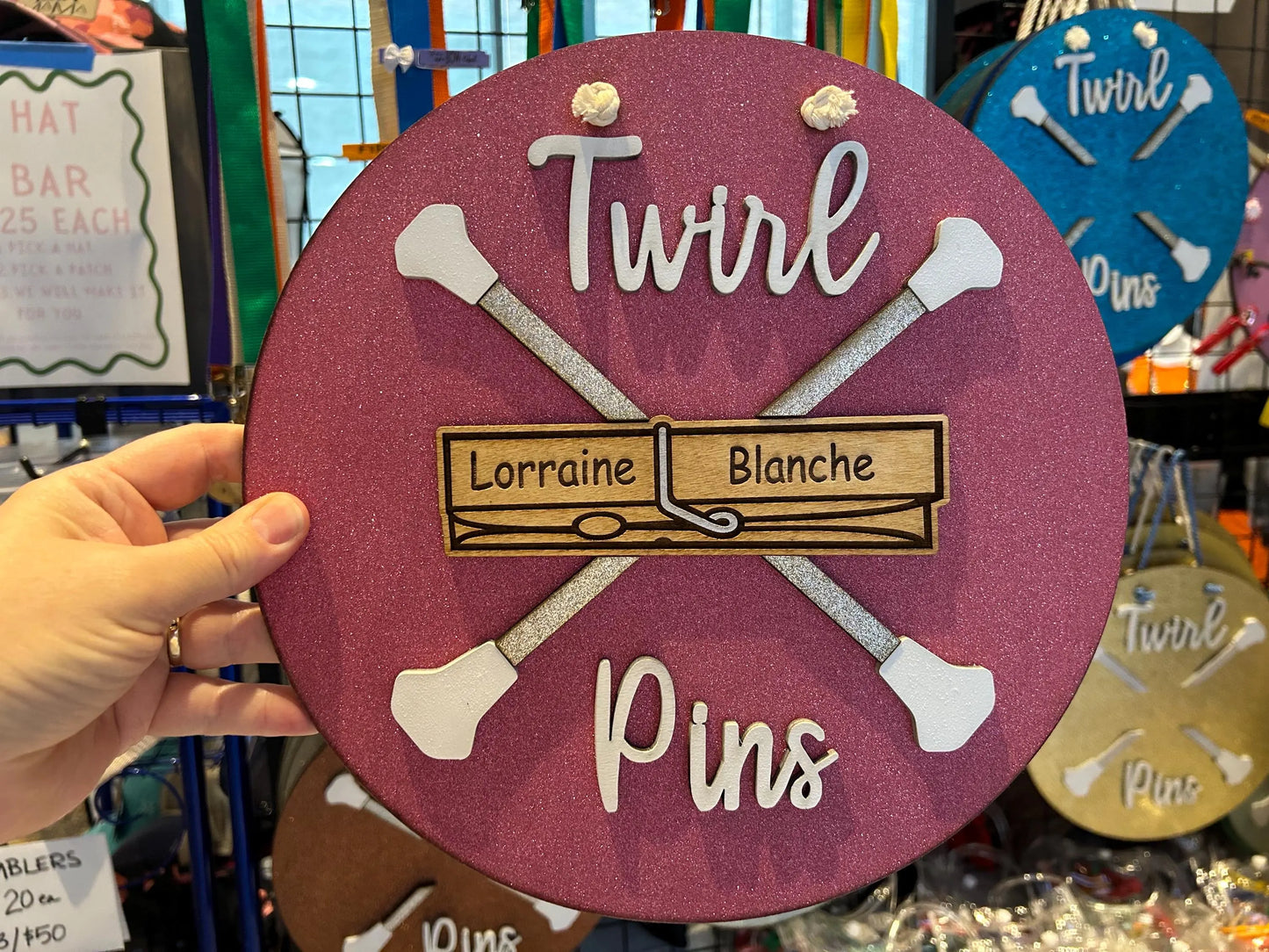 Twirl Pin Holder Personalized Glitter Pin Display | Baton Twirler Clothespins Sign | Feature Twirler Majorette Spirit Pins