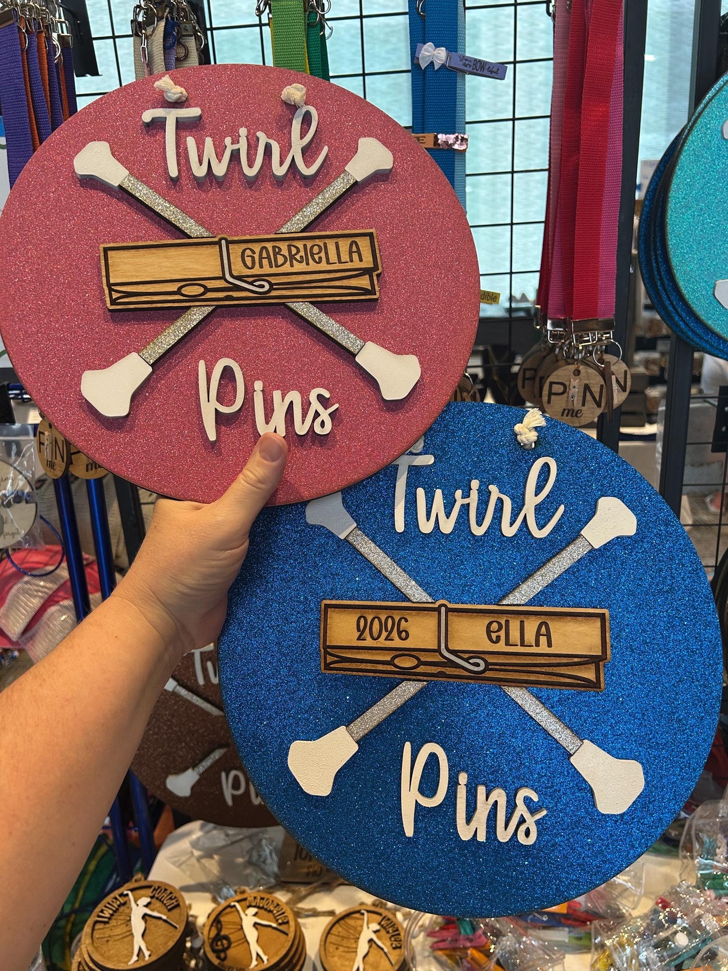 Twirl Pin Holder Personalized Glitter Pin Display | Baton Twirler Clothespins Sign | Feature Twirler Majorette Spirit Pins