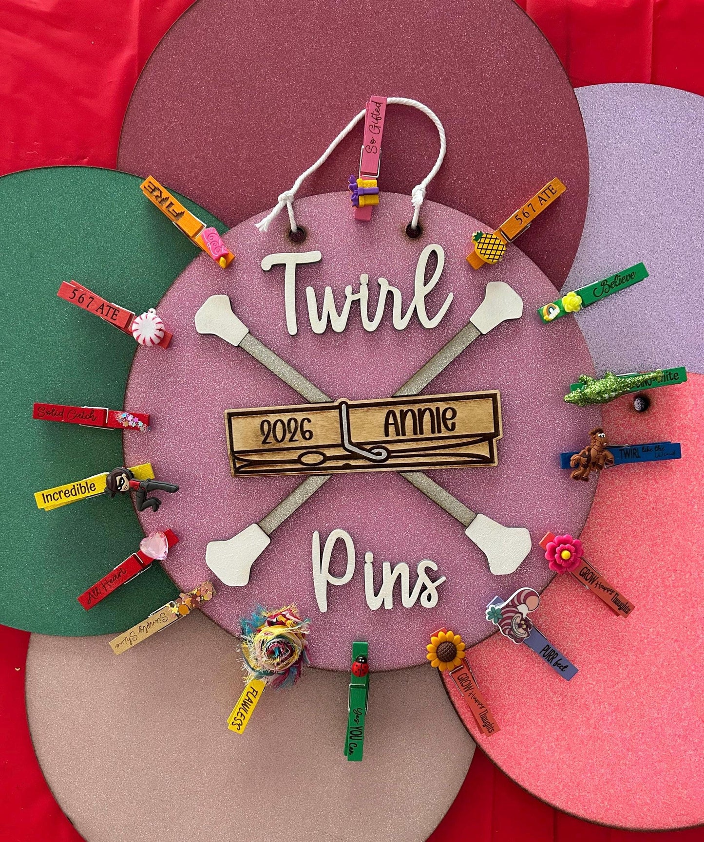Twirl Pin Holder Personalized Glitter Pin Display | Baton Twirler Clothespins Sign | Feature Twirler Majorette Spirit Pins