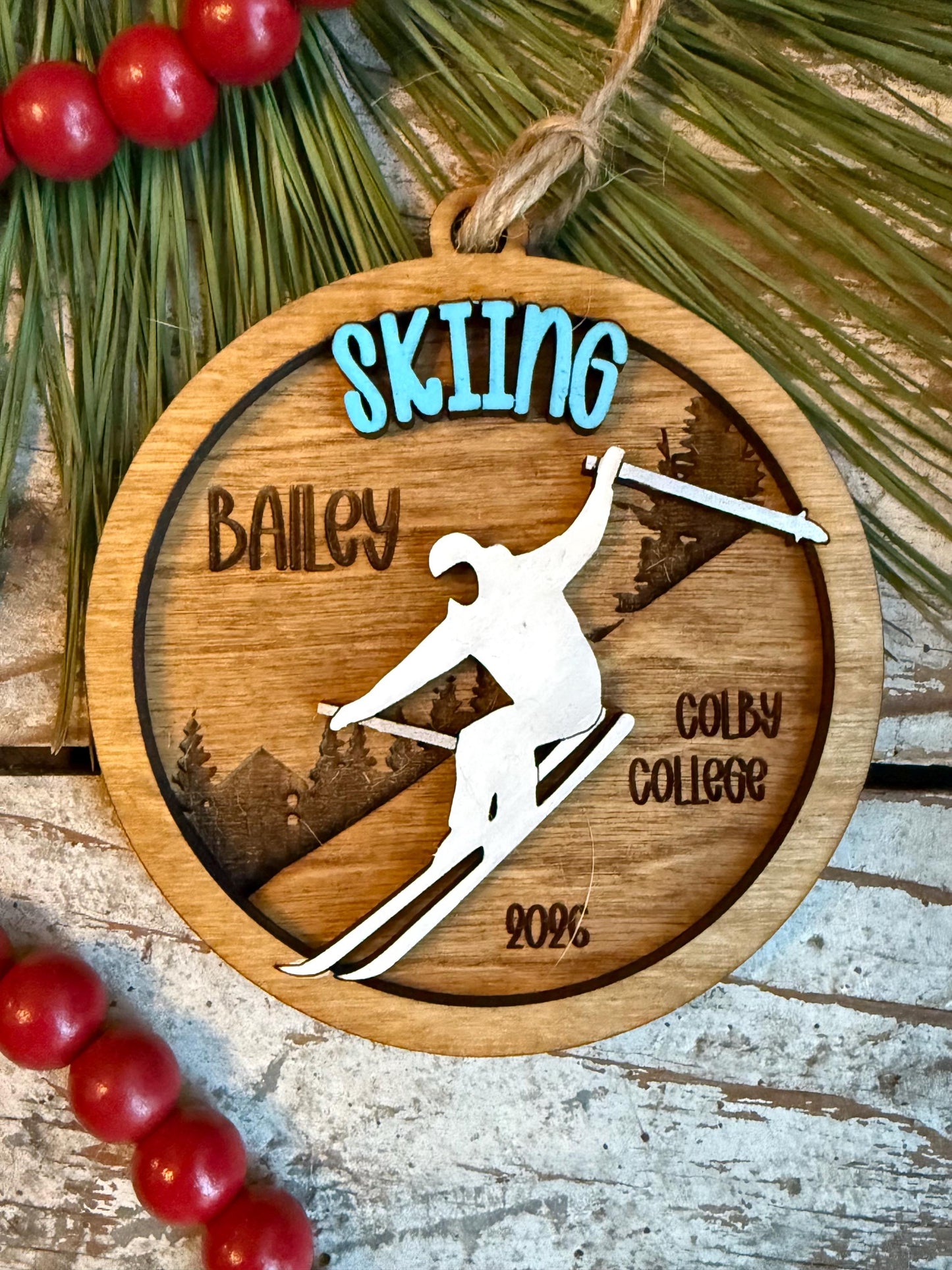Personalized Downhill Skiing Christmas Tree Ornament | Gift for College Ski Team | Custom Skiing Vacation Keepsake