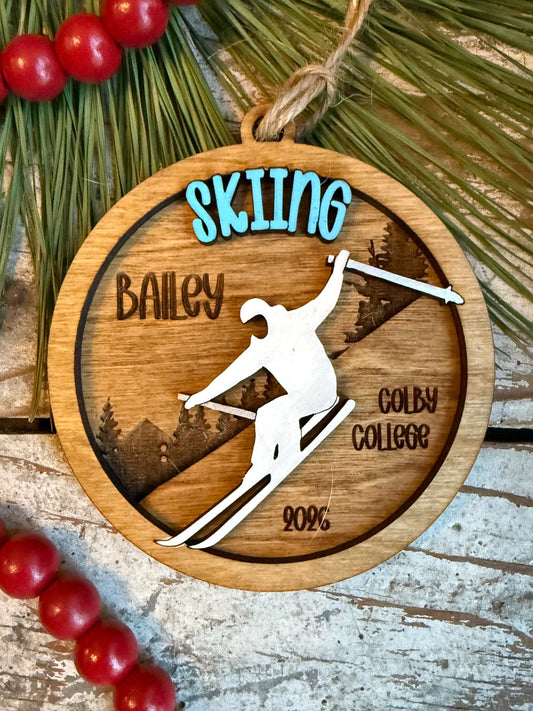 Personalized Downhill Skiing Christmas Tree Ornament | Gift for College Ski Team | Custom Skiing Vacation Keepsake
