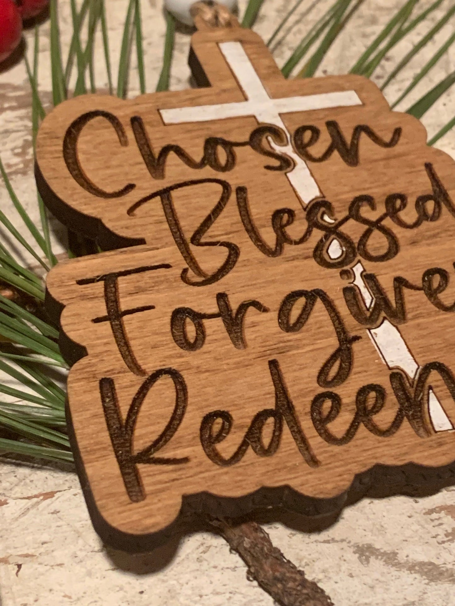 Chosen, Blessed, Forgiven, Redeemed on Cross Religious Christmas Tree Ornament | Gift for Sunday School Class | Pastor Gift