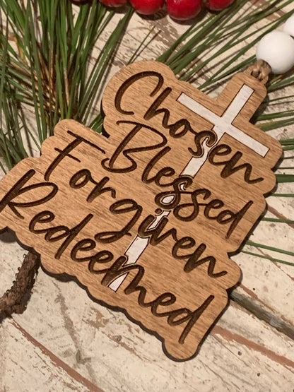 Chosen, Blessed, Forgiven, Redeemed on Cross Religious Christmas Tree Ornament | Gift for Sunday School Class | Pastor Gift