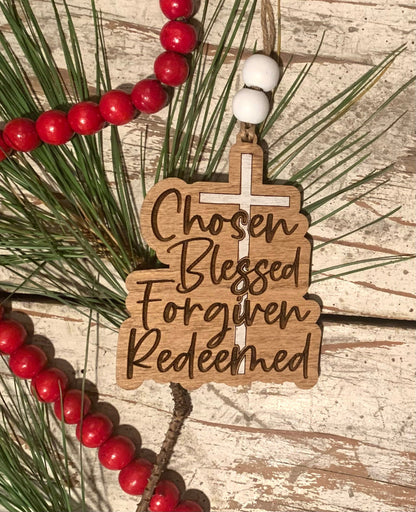 Chosen, Blessed, Forgiven, Redeemed on Cross Religious Christmas Tree Ornament | Gift for Sunday School Class | Pastor Gift