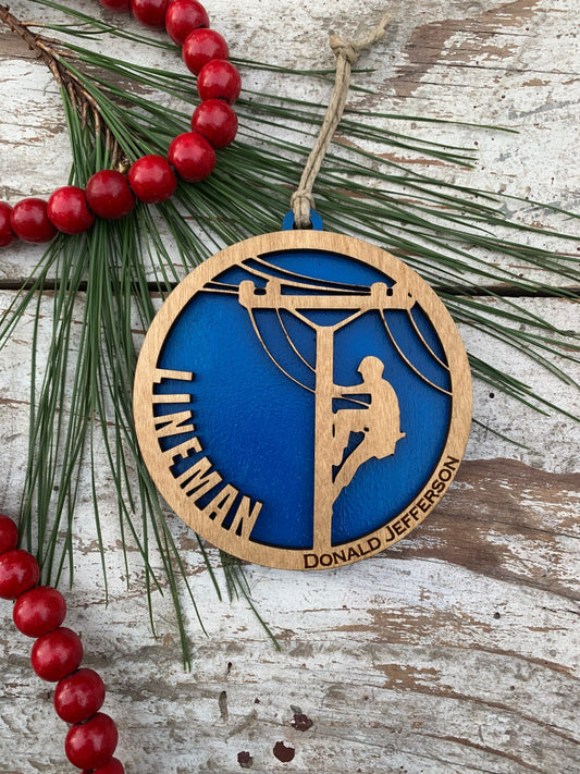 Personalized Lineman Christmas Tree Ornament | Gift for Lineman | Electric Worker Ornament